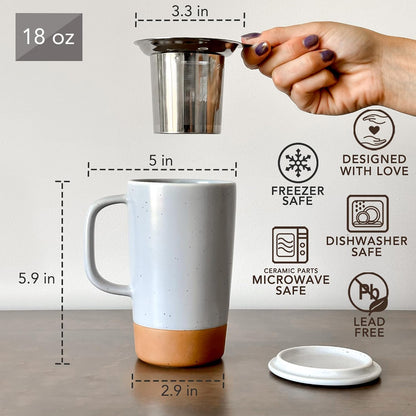 Ceramics Large Tea Mug with Loose Leaf Infuser and Ceramic Lid, 18 oz, Portable, Microwave and Dishwasher Safe, Tall Coffee Cup - Rustic Matte Ceramic Glaze, Modern Herbal Tea Strainer, Sleet