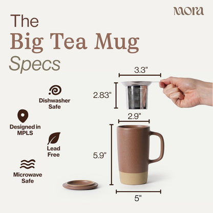 Ceramics Large Tea Mug with Loose Leaf Infuser and Ceramic Lid, 18 oz, Portable, Microwave and Dishwasher Safe, Tall Coffee Cup - Rustic Matte Ceramic Glaze, Modern Herbal Tea Strainer, Sleet