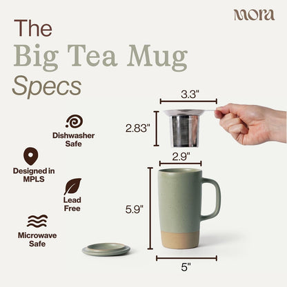 Ceramics Large Tea Mug with Loose Leaf Infuser and Ceramic Lid, 18 oz, Portable, Microwave and Dishwasher Safe, Tall Coffee Cup - Rustic Matte Ceramic Glaze, Modern Herbal Tea Strainer, Sleet