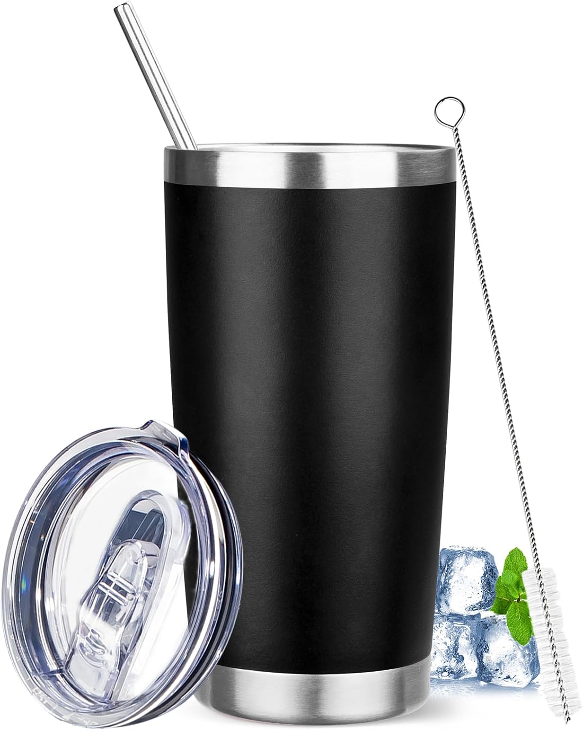 20 oz Tumbler with Lids and Straws, Stainless Steel Insulated Travel Coffee Mug, Double Wall Vacuum Insulated Tumblers, Powder Coated Coffee Tumbler for Cold & Hot Drinks (Green Tea)