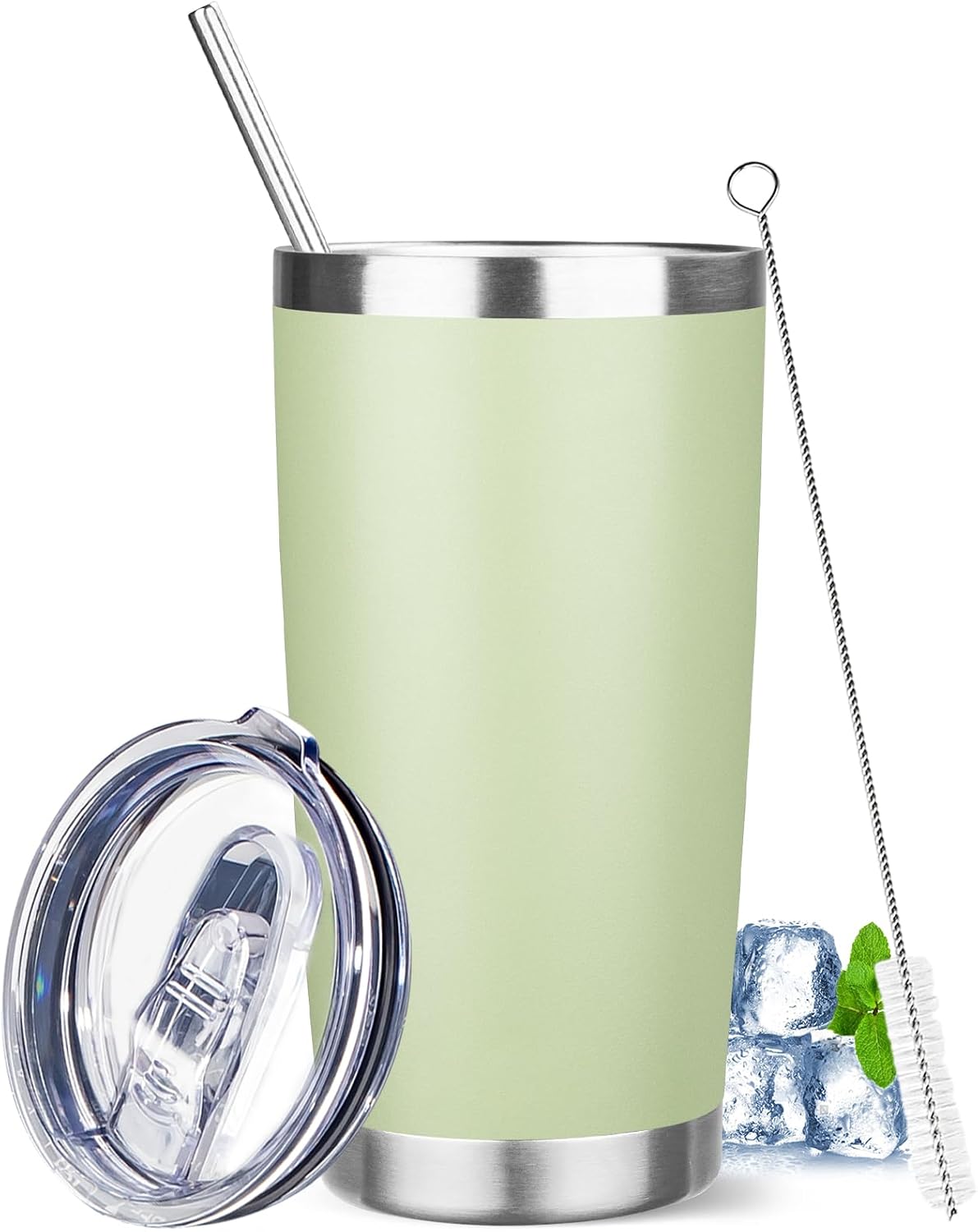 20 oz Tumbler with Lids and Straws, Stainless Steel Insulated Travel Coffee Mug, Double Wall Vacuum Insulated Tumblers, Powder Coated Coffee Tumbler for Cold & Hot Drinks (Green Tea)