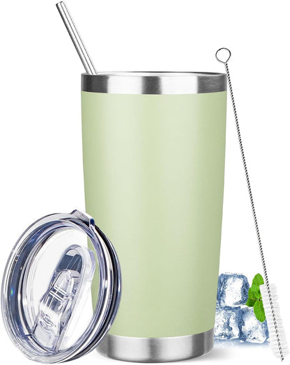 20 oz Tumbler with Lids and Straws, Stainless Steel Insulated Travel Coffee Mug, Double Wall Vacuum Insulated Tumblers, Powder Coated Coffee Tumbler for Cold & Hot Drinks (Green Tea)