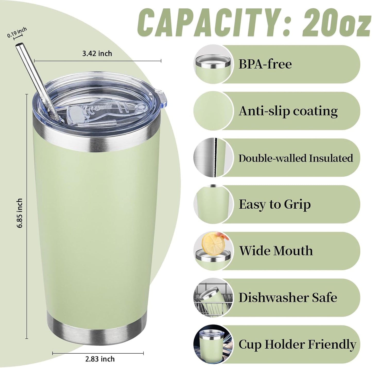 20 oz Tumbler with Lids and Straws, Stainless Steel Insulated Travel Coffee Mug, Double Wall Vacuum Insulated Tumblers, Powder Coated Coffee Tumbler for Cold & Hot Drinks (Green Tea)