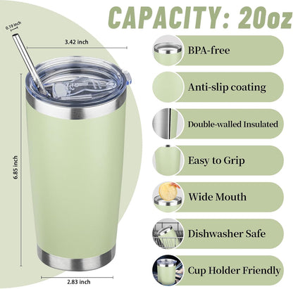 20 oz Tumbler with Lids and Straws, Stainless Steel Insulated Travel Coffee Mug, Double Wall Vacuum Insulated Tumblers, Powder Coated Coffee Tumbler for Cold & Hot Drinks (Green Tea)