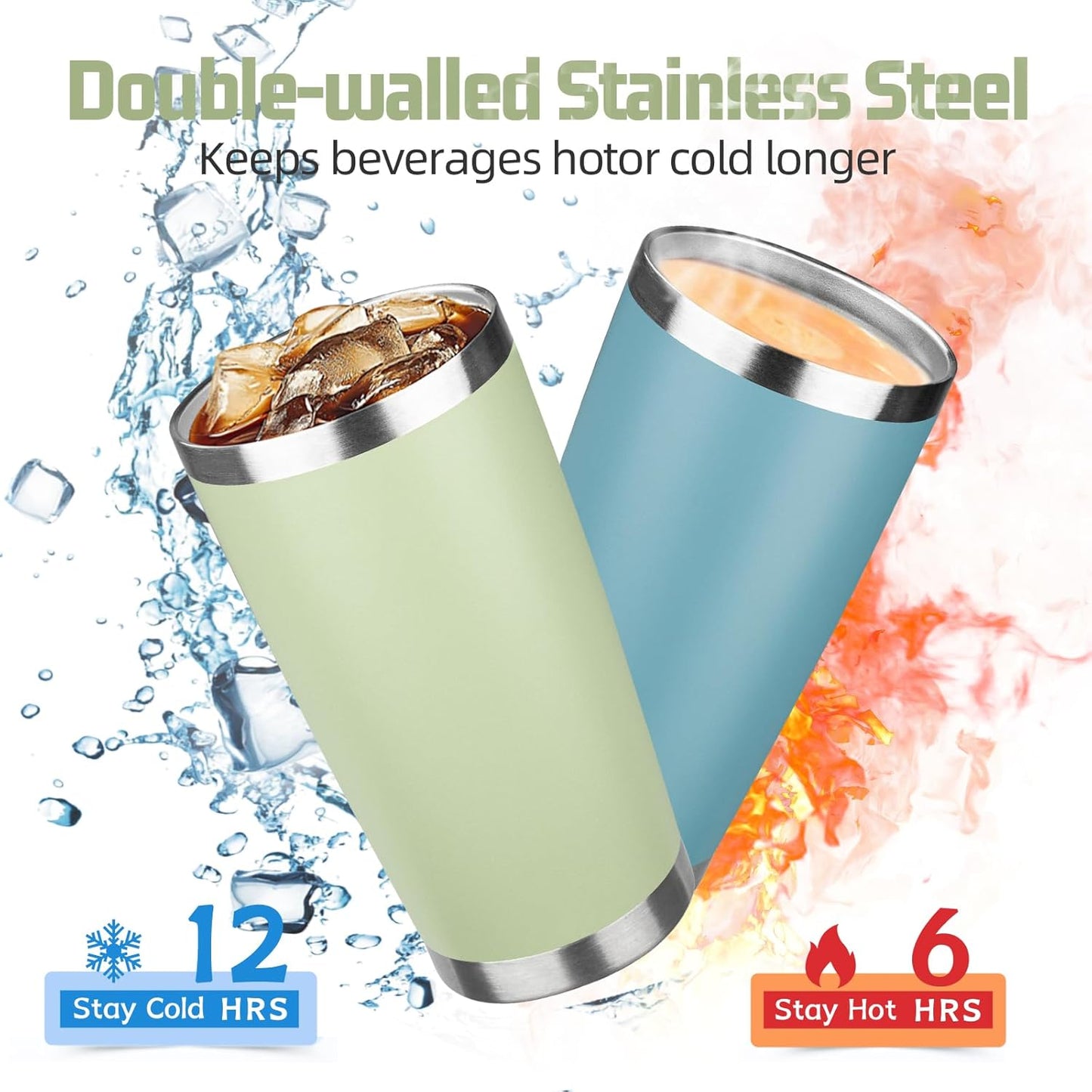 20 oz Tumbler with Lids and Straws, Stainless Steel Insulated Travel Coffee Mug, Double Wall Vacuum Insulated Tumblers, Powder Coated Coffee Tumbler for Cold & Hot Drinks (Green Tea)