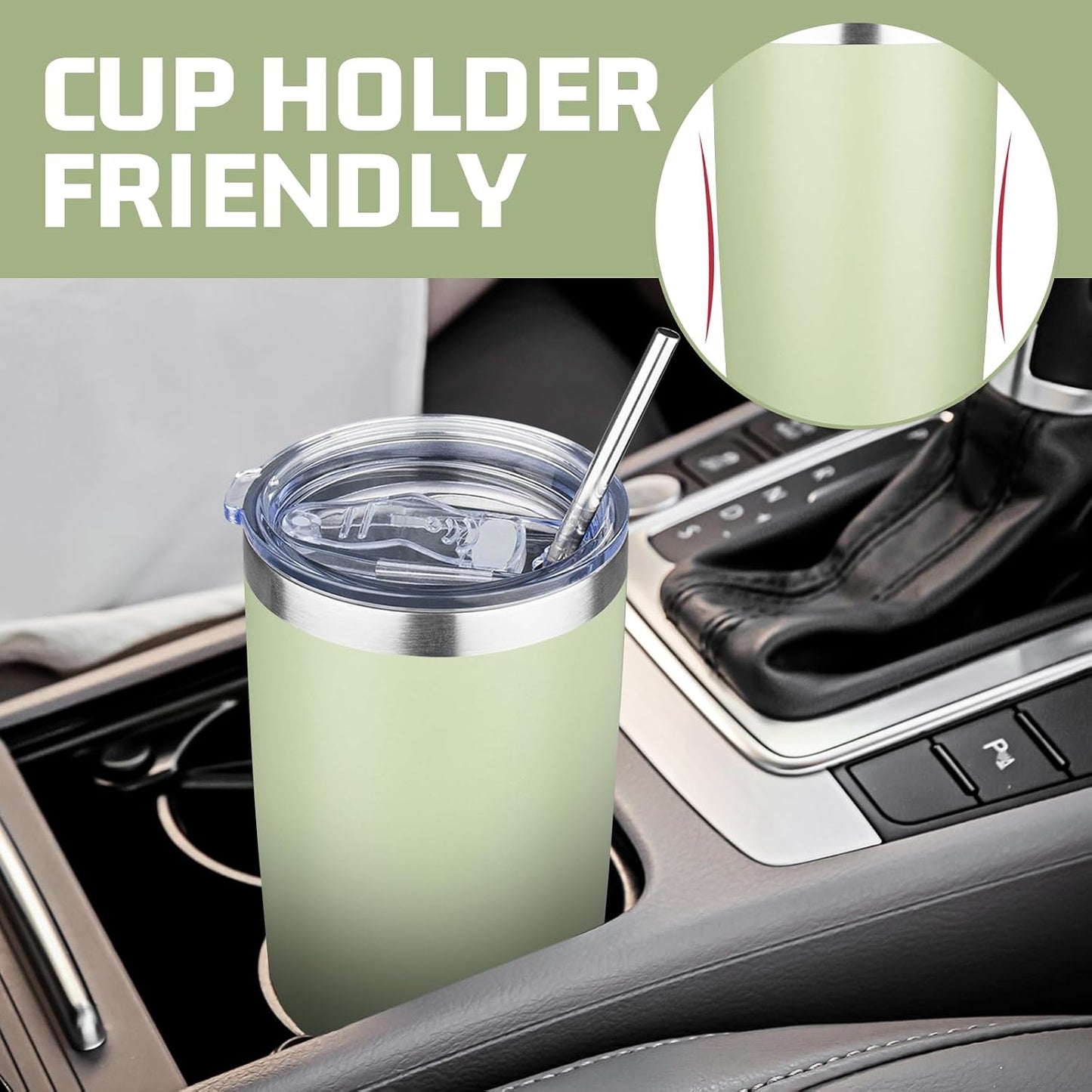 20 oz Tumbler with Lids and Straws, Stainless Steel Insulated Travel Coffee Mug, Double Wall Vacuum Insulated Tumblers, Powder Coated Coffee Tumbler for Cold & Hot Drinks (Green Tea)
