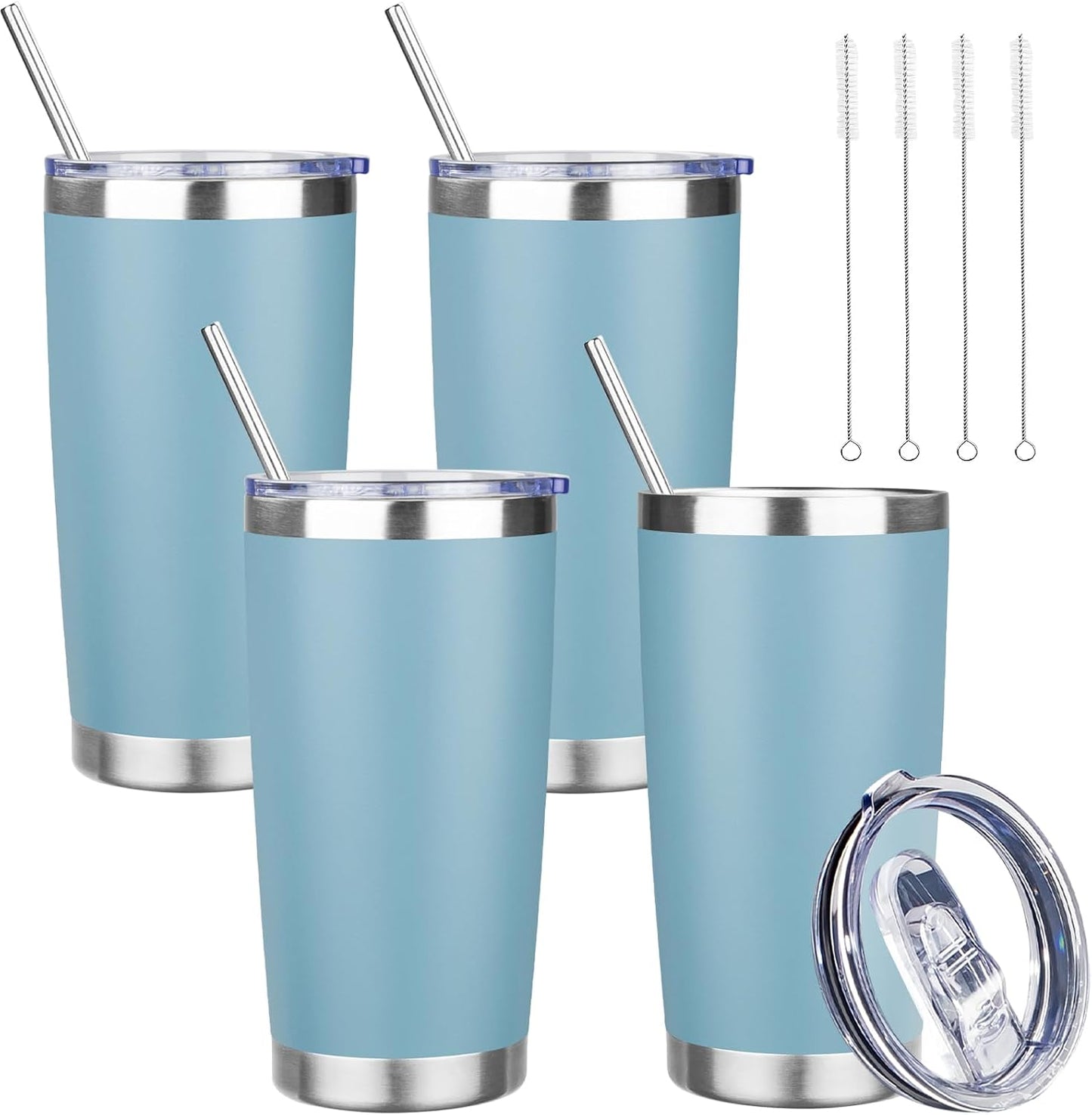 20 oz Tumbler with Lids and Straws, Stainless Steel Insulated Travel Coffee Mug, Double Wall Vacuum Insulated Tumblers, Powder Coated Coffee Tumbler for Cold & Hot Drinks (Green Tea)