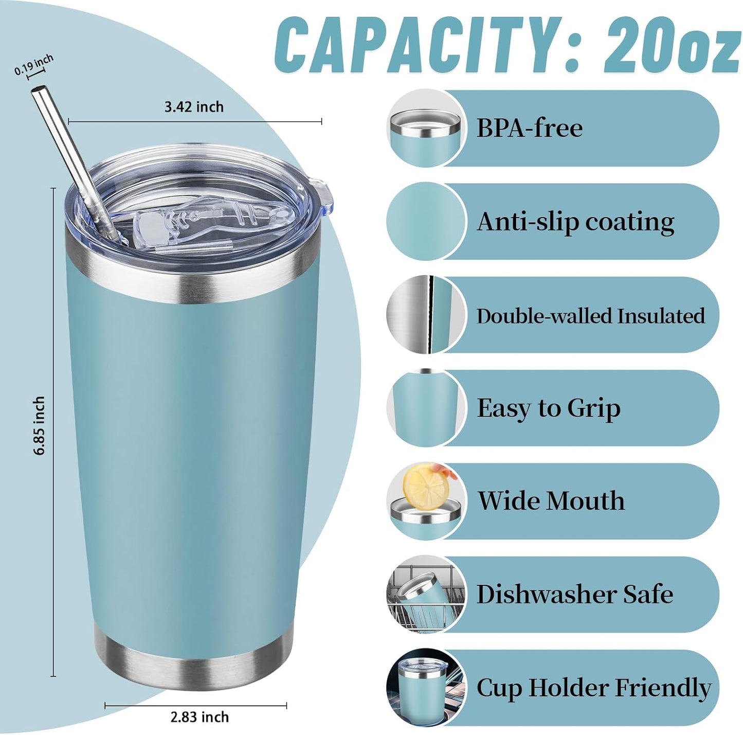 20 oz Tumbler with Lids and Straws, Stainless Steel Insulated Travel Coffee Mug, Double Wall Vacuum Insulated Tumblers, Powder Coated Coffee Tumbler for Cold & Hot Drinks (Green Tea)