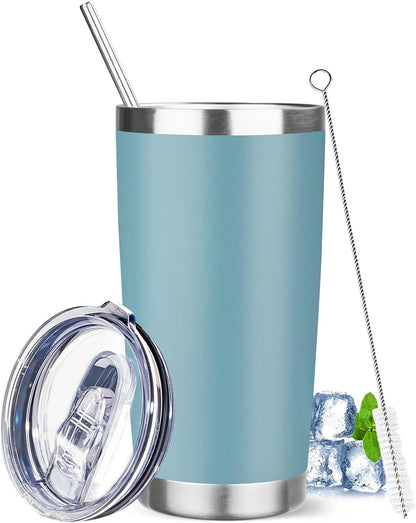 20 oz Tumbler with Lids and Straws, Stainless Steel Insulated Travel Coffee Mug, Double Wall Vacuum Insulated Tumblers, Powder Coated Coffee Tumbler for Cold & Hot Drinks (Green Tea)