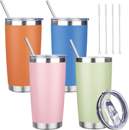 20 oz Tumbler with Lids and Straws, Stainless Steel Insulated Travel Coffee Mug, Double Wall Vacuum Insulated Tumblers, Powder Coated Coffee Tumbler for Cold & Hot Drinks (Green Tea)