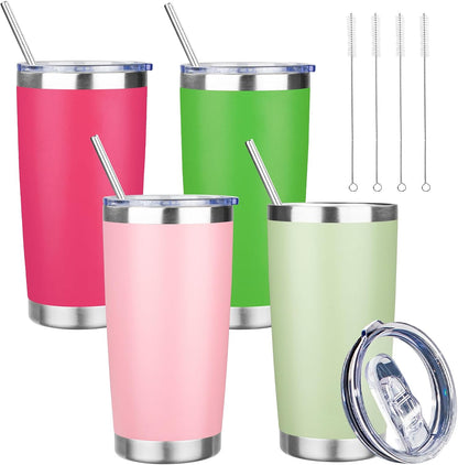20 oz Tumbler with Lids and Straws, Stainless Steel Insulated Travel Coffee Mug, Double Wall Vacuum Insulated Tumblers, Powder Coated Coffee Tumbler for Cold & Hot Drinks (Green Tea)