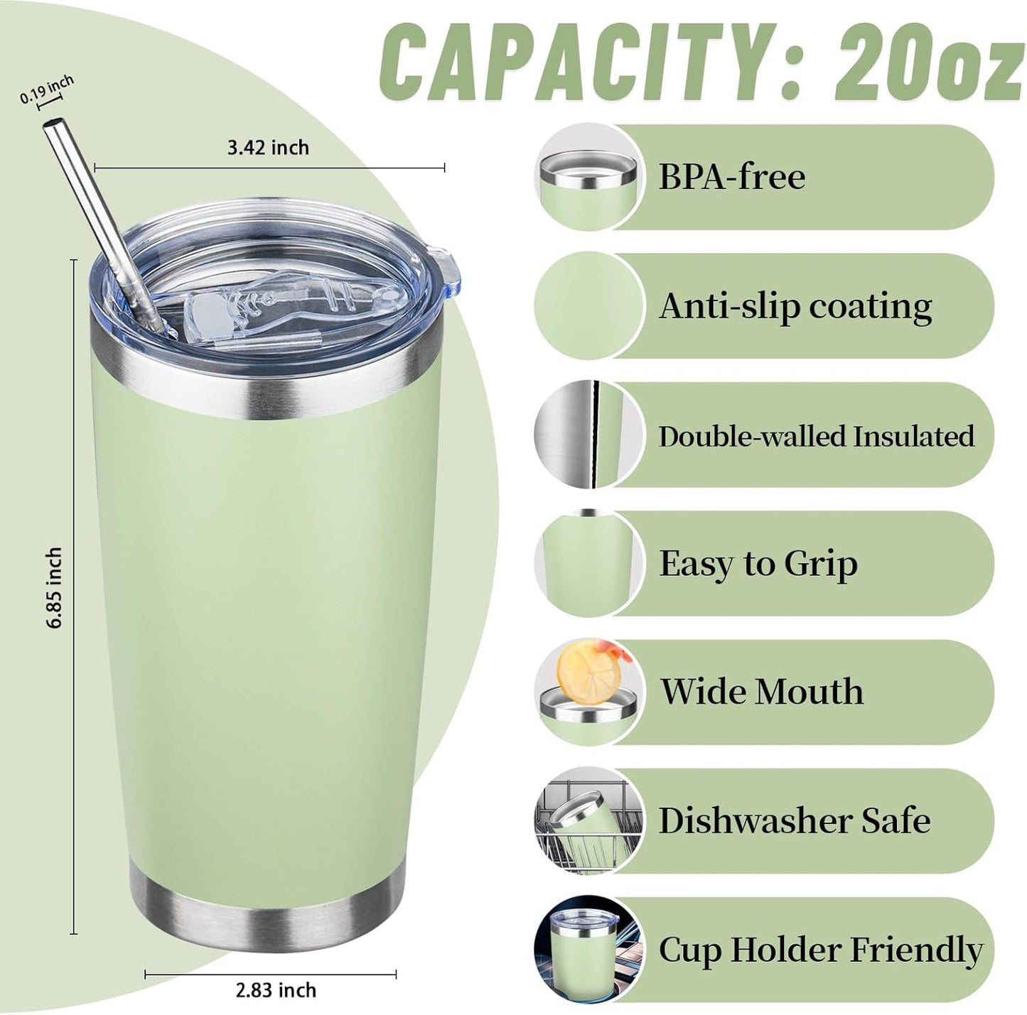20 oz Tumbler with Lids and Straws, Stainless Steel Insulated Travel Coffee Mug, Double Wall Vacuum Insulated Tumblers, Powder Coated Coffee Tumbler for Cold & Hot Drinks (Green Tea)