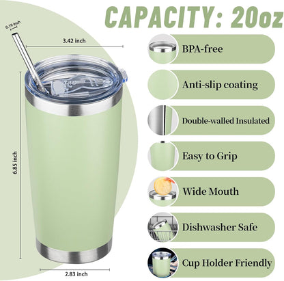 20 oz Tumbler with Lids and Straws, Stainless Steel Insulated Travel Coffee Mug, Double Wall Vacuum Insulated Tumblers, Powder Coated Coffee Tumbler for Cold & Hot Drinks (Green Tea)
