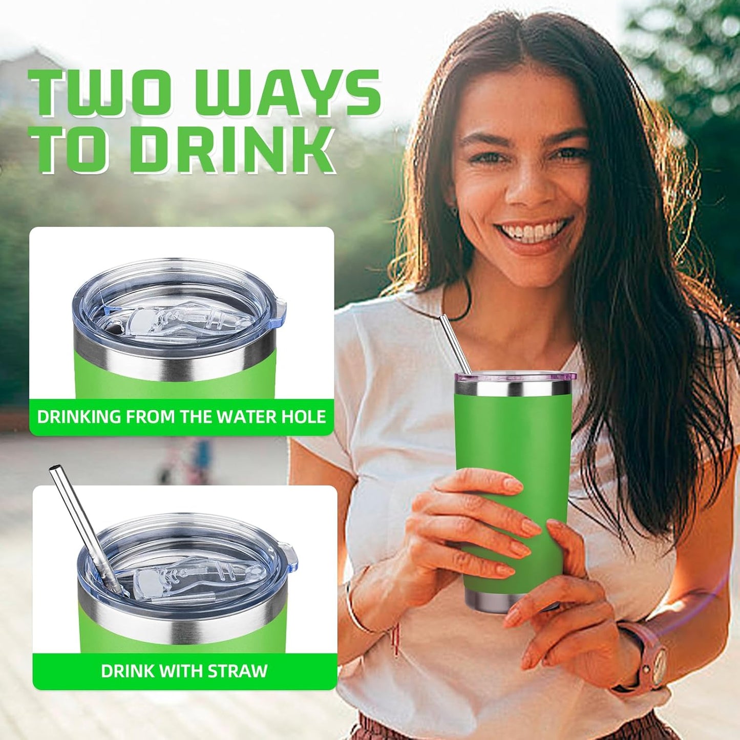20 oz Tumbler with Lids and Straws, Stainless Steel Insulated Travel Coffee Mug, Double Wall Vacuum Insulated Tumblers, Powder Coated Coffee Tumbler for Cold & Hot Drinks (Green Tea)