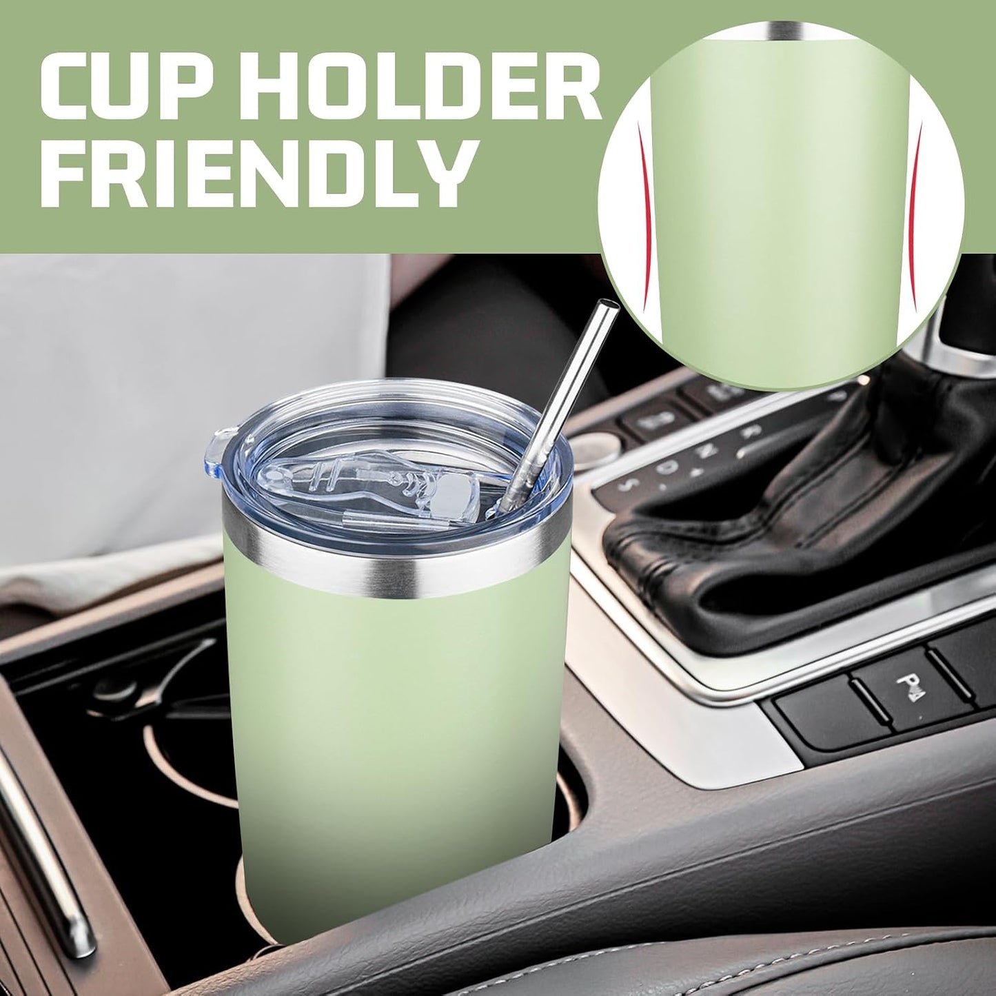 20 oz Tumbler with Lids and Straws, Stainless Steel Insulated Travel Coffee Mug, Double Wall Vacuum Insulated Tumblers, Powder Coated Coffee Tumbler for Cold & Hot Drinks (Green Tea)