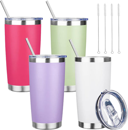20 oz Tumbler with Lids and Straws, Stainless Steel Insulated Travel Coffee Mug, Double Wall Vacuum Insulated Tumblers, Powder Coated Coffee Tumbler for Cold & Hot Drinks (Green Tea)