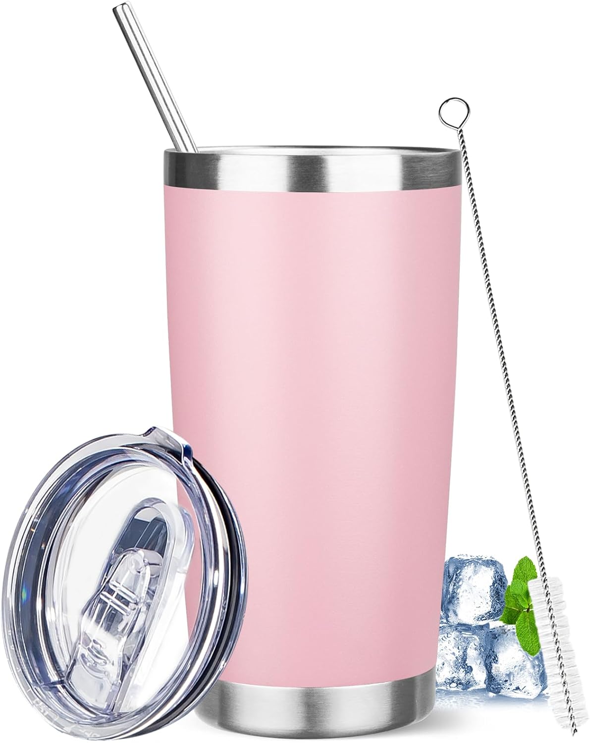 20 oz Tumbler with Lids and Straws, Stainless Steel Insulated Travel Coffee Mug, Double Wall Vacuum Insulated Tumblers, Powder Coated Coffee Tumbler for Cold & Hot Drinks (Green Tea)
