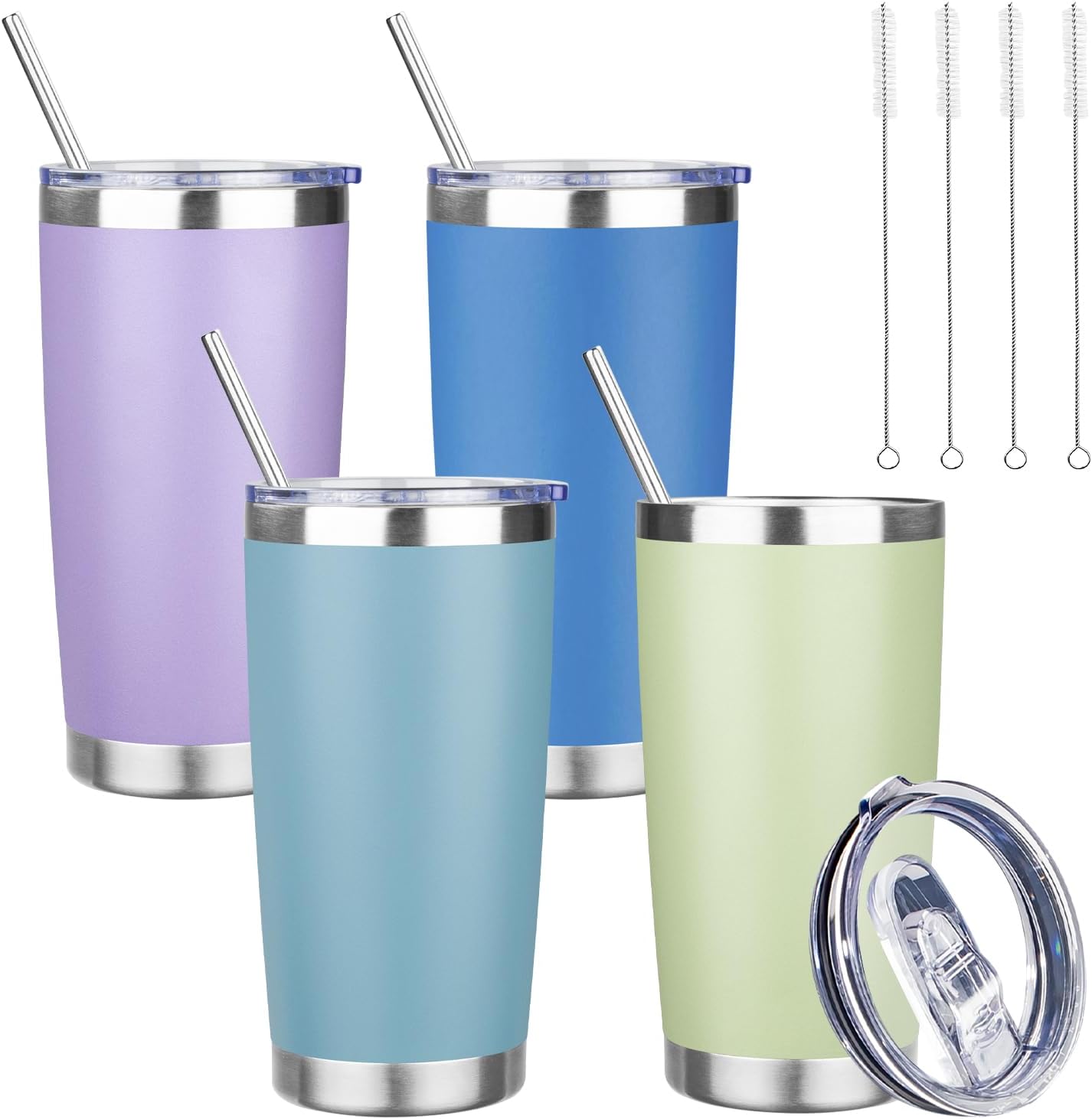 20 oz Tumbler with Lids and Straws, Stainless Steel Insulated Travel Coffee Mug, Double Wall Vacuum Insulated Tumblers, Powder Coated Coffee Tumbler for Cold & Hot Drinks (Green Tea)