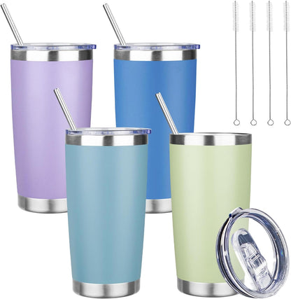 20 oz Tumbler with Lids and Straws, Stainless Steel Insulated Travel Coffee Mug, Double Wall Vacuum Insulated Tumblers, Powder Coated Coffee Tumbler for Cold & Hot Drinks (Green Tea)