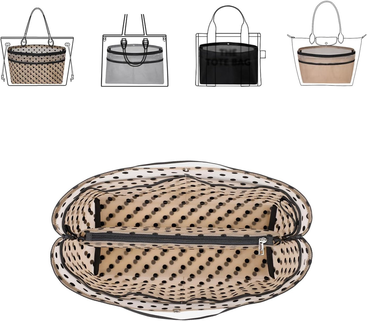 Purse Organizer Insert For Handbags,Mesh Bag Organizer Insert With Zipper Bag Tote Shaper Fit Speedy Neverful PM MM le Pliage,Light Weight (Black, Medium)