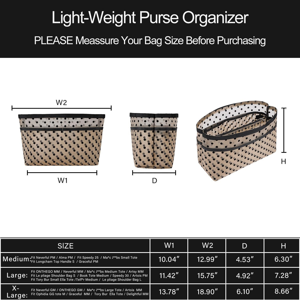 Purse Organizer Insert For Handbags,Mesh Bag Organizer Insert With Zipper Bag Tote Shaper Fit Speedy Neverful PM MM le Pliage,Light Weight (Black, Medium)