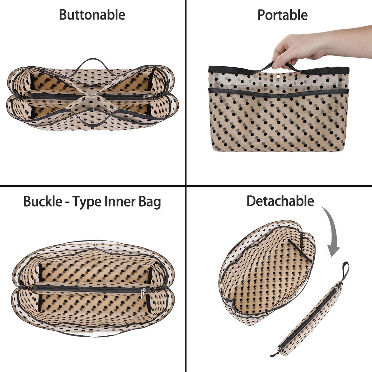 Purse Organizer Insert For Handbags,Mesh Bag Organizer Insert With Zipper Bag Tote Shaper Fit Speedy Neverful PM MM le Pliage,Light Weight (Black, Medium)