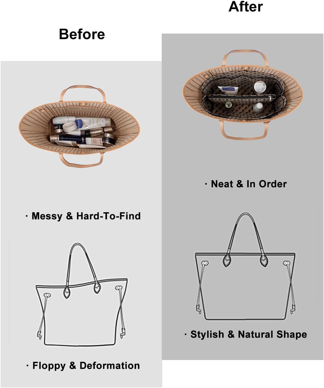 Purse Organizer Insert For Handbags,Mesh Bag Organizer Insert With Zipper Bag Tote Shaper Fit Speedy Neverful PM MM le Pliage,Light Weight (Black, Medium)