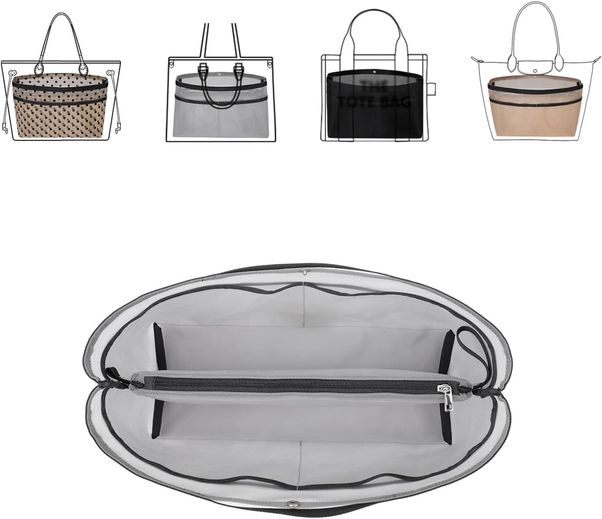 Purse Organizer Insert For Handbags,Mesh Bag Organizer Insert With Zipper Bag Tote Shaper Fit Speedy Neverful PM MM le Pliage,Light Weight (Black, Medium)