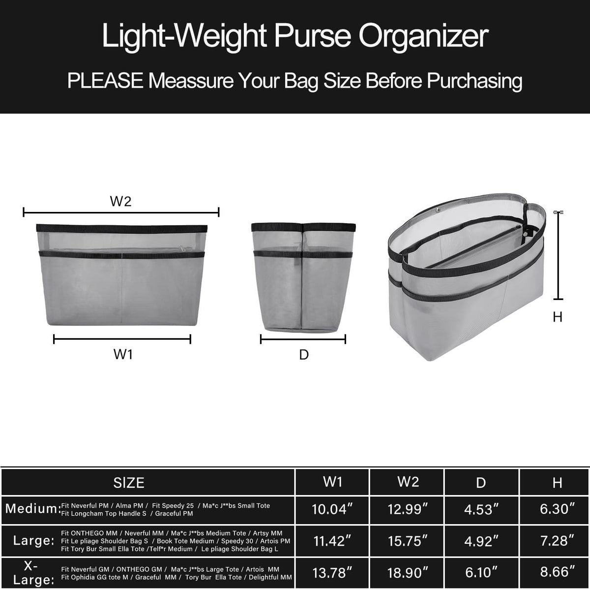 Purse Organizer Insert For Handbags,Mesh Bag Organizer Insert With Zipper Bag Tote Shaper Fit Speedy Neverful PM MM le Pliage,Light Weight (Black, Medium)