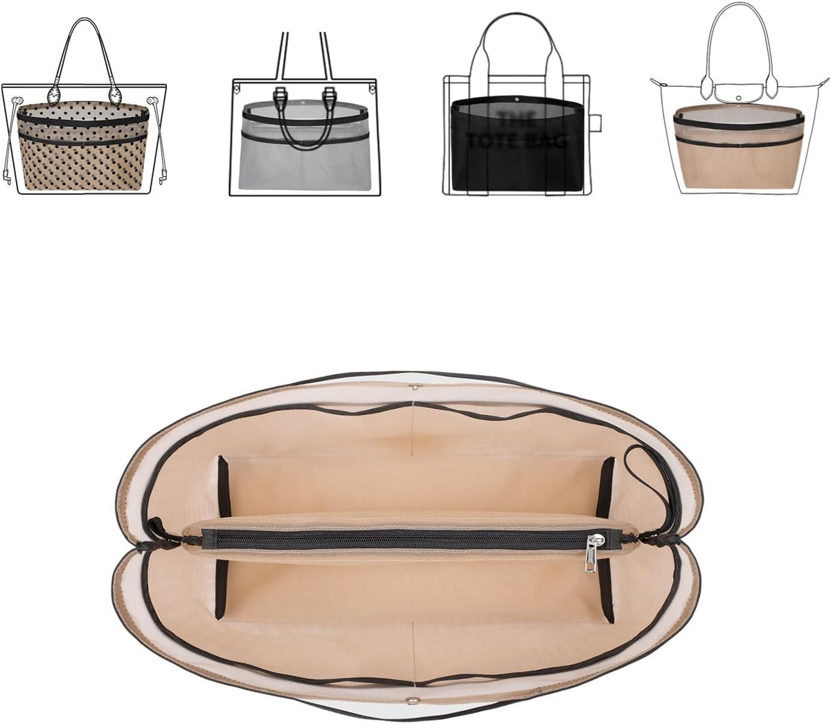 Purse Organizer Insert For Handbags,Mesh Bag Organizer Insert With Zipper Bag Tote Shaper Fit Speedy Neverful PM MM le Pliage,Light Weight (Black, Medium)