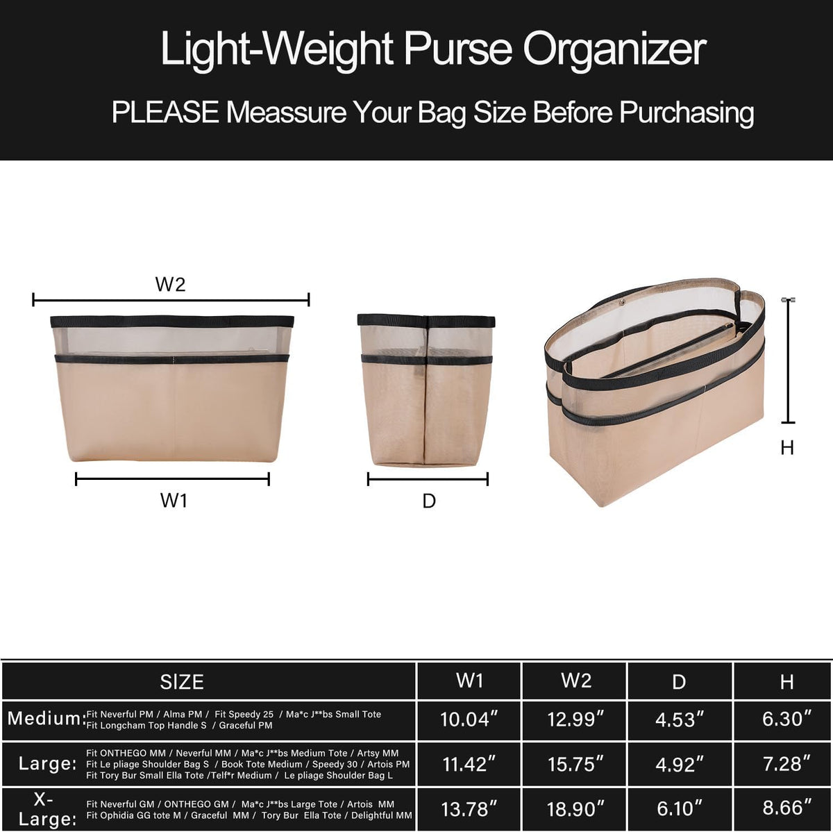 Purse Organizer Insert For Handbags,Mesh Bag Organizer Insert With Zipper Bag Tote Shaper Fit Speedy Neverful PM MM le Pliage,Light Weight (Black, Medium)