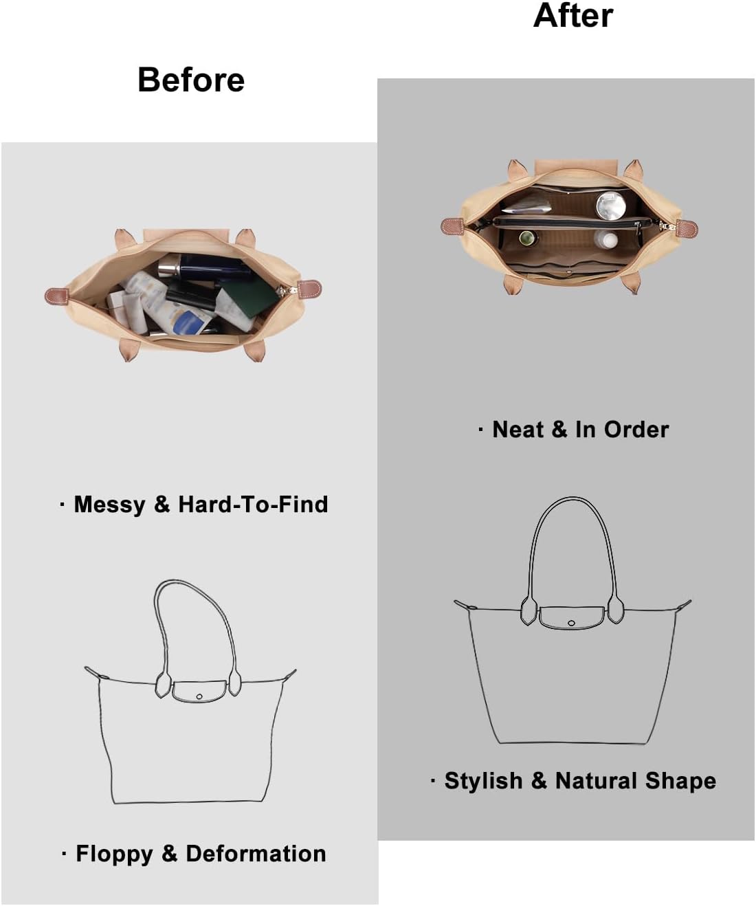 Purse Organizer Insert For Handbags,Mesh Bag Organizer Insert With Zipper Bag Tote Shaper Fit Speedy Neverful PM MM le Pliage,Light Weight (Black, Medium)
