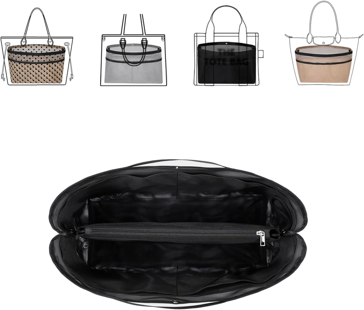 Purse Organizer Insert For Handbags,Mesh Bag Organizer Insert With Zipper Bag Tote Shaper Fit Speedy Neverful PM MM le Pliage,Light Weight (Black, Medium)