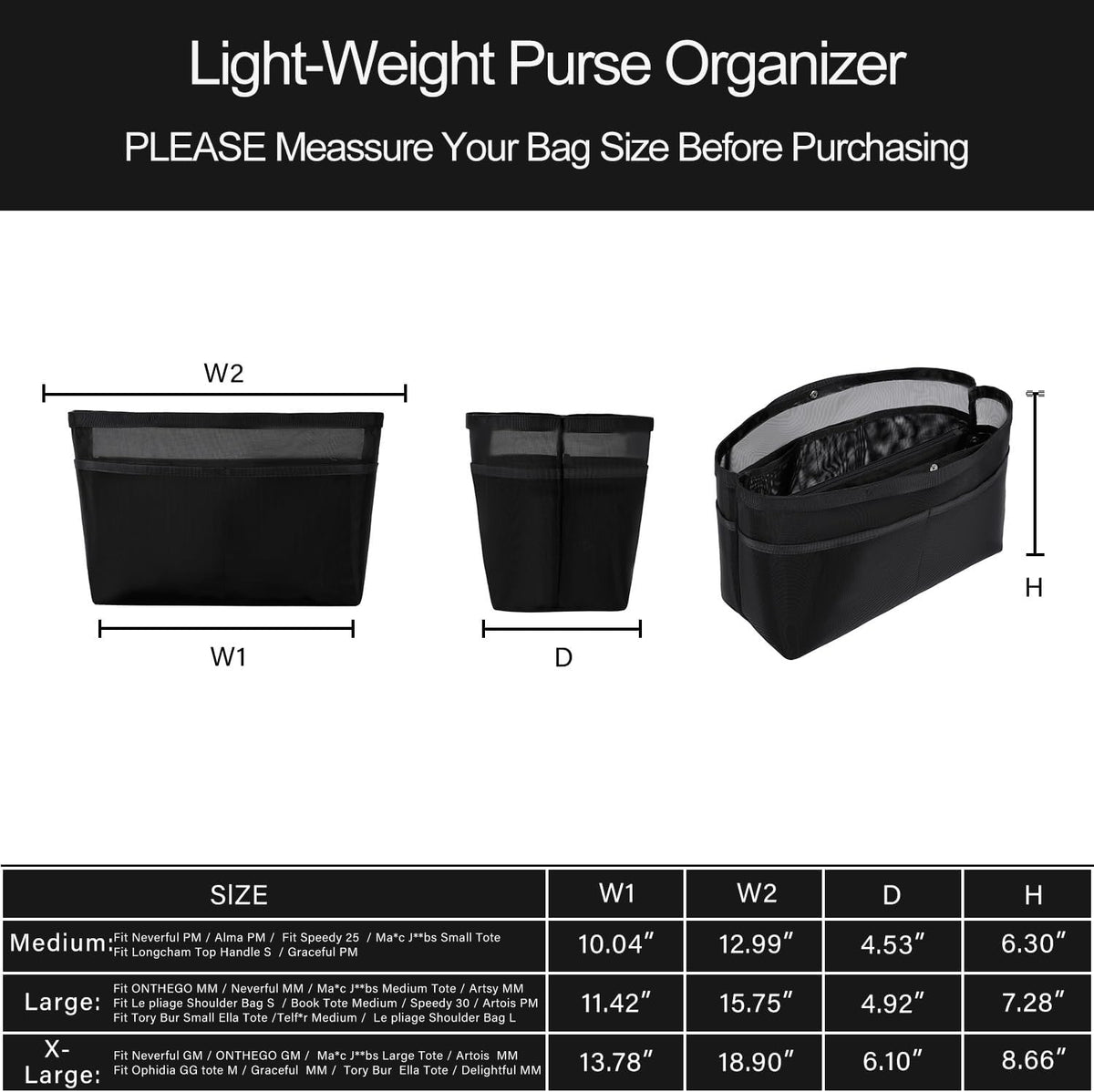 Purse Organizer Insert For Handbags,Mesh Bag Organizer Insert With Zipper Bag Tote Shaper Fit Speedy Neverful PM MM le Pliage,Light Weight (Black, Medium)