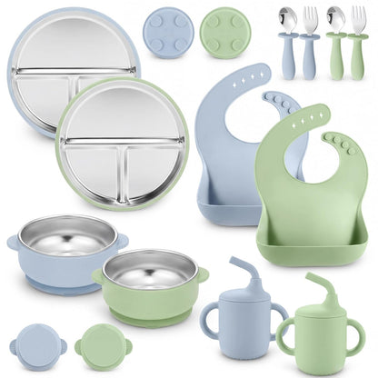 12 Pcs Stainless Steel Kids Plates and Bowls Set with Suction, Morandi Blue Green, Divided Baby Plate, Silicone Bibs, Cups and Toddler Bowls, Stainless Steel Weaning Bundle, Baby Feeding Set