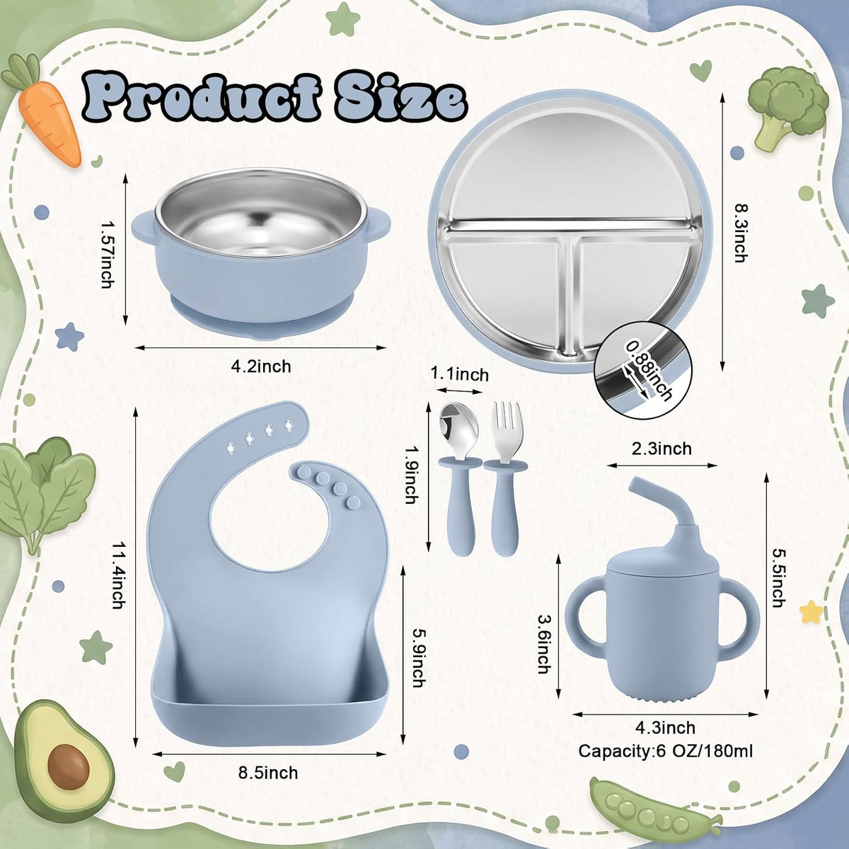 12 Pcs Stainless Steel Kids Plates and Bowls Set with Suction, Morandi Blue Green, Divided Baby Plate, Silicone Bibs, Cups and Toddler Bowls, Stainless Steel Weaning Bundle, Baby Feeding Set