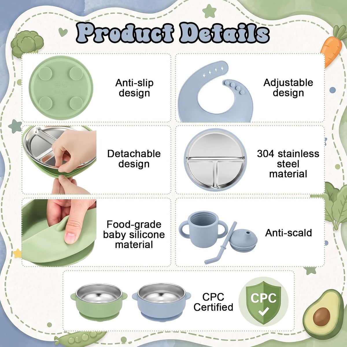 12 Pcs Stainless Steel Kids Plates and Bowls Set with Suction, Morandi Blue Green, Divided Baby Plate, Silicone Bibs, Cups and Toddler Bowls, Stainless Steel Weaning Bundle, Baby Feeding Set