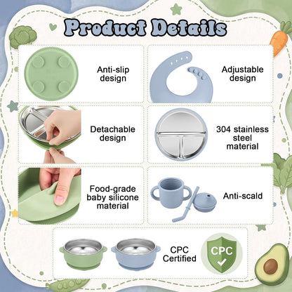 12 Pcs Stainless Steel Kids Plates and Bowls Set with Suction, Morandi Blue Green, Divided Baby Plate, Silicone Bibs, Cups and Toddler Bowls, Stainless Steel Weaning Bundle, Baby Feeding Set