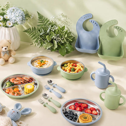 12 Pcs Stainless Steel Kids Plates and Bowls Set with Suction, Morandi Blue Green, Divided Baby Plate, Silicone Bibs, Cups and Toddler Bowls, Stainless Steel Weaning Bundle, Baby Feeding Set