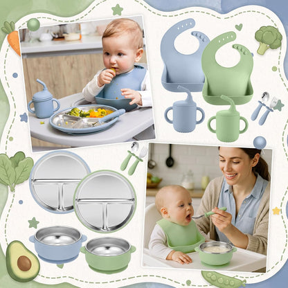 12 Pcs Stainless Steel Kids Plates and Bowls Set with Suction, Morandi Blue Green, Divided Baby Plate, Silicone Bibs, Cups and Toddler Bowls, Stainless Steel Weaning Bundle, Baby Feeding Set