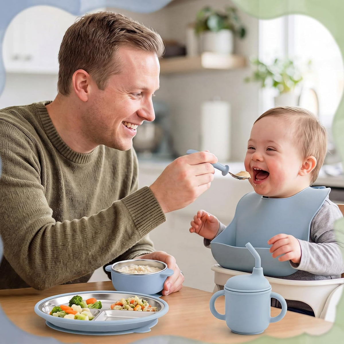 12 Pcs Stainless Steel Kids Plates and Bowls Set with Suction, Morandi Blue Green, Divided Baby Plate, Silicone Bibs, Cups and Toddler Bowls, Stainless Steel Weaning Bundle, Baby Feeding Set