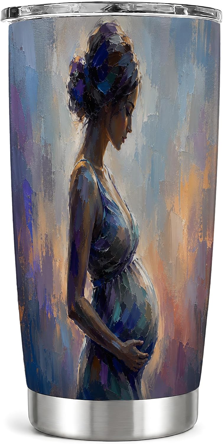 Mother Figure Woman Painting Design Tumbler 20 oz, Maternity Travel Cup, Coffee Tea and Iced Drinks, Blue Gold Portrait Art with Soft Brush Texture, Motherhood Drinkware, Moms Parents