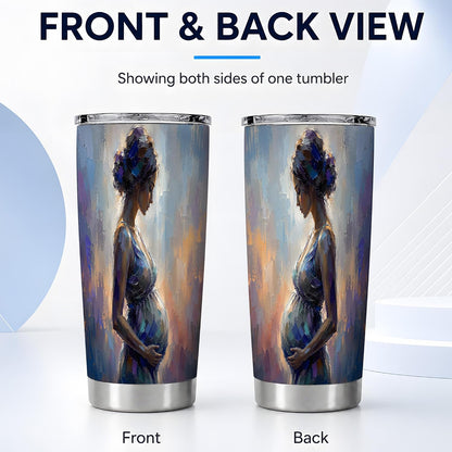 Mother Figure Woman Painting Design Tumbler 20 oz, Maternity Travel Cup, Coffee Tea and Iced Drinks, Blue Gold Portrait Art with Soft Brush Texture, Motherhood Drinkware, Moms Parents