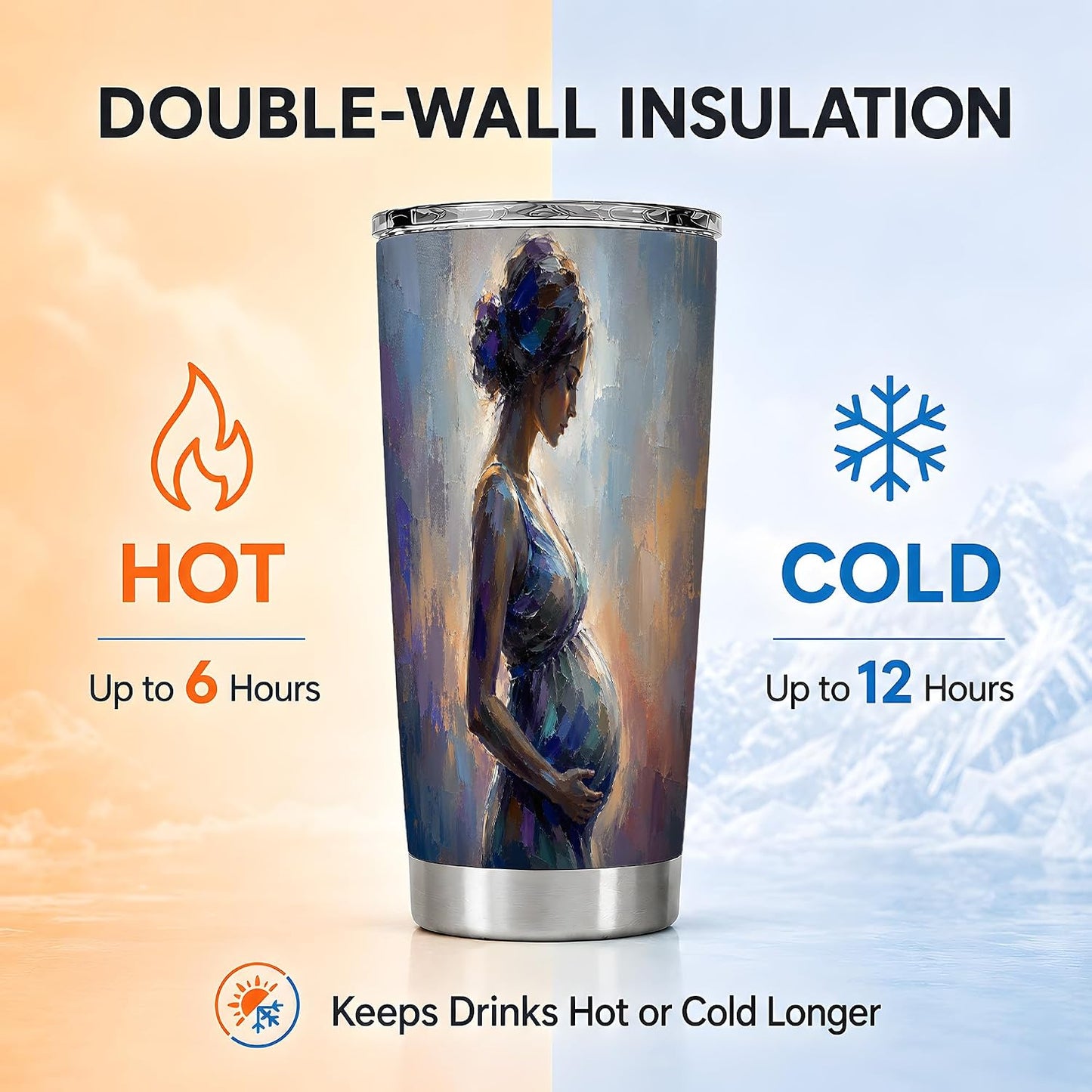 Mother Figure Woman Painting Design Tumbler 20 oz, Maternity Travel Cup, Coffee Tea and Iced Drinks, Blue Gold Portrait Art with Soft Brush Texture, Motherhood Drinkware, Moms Parents
