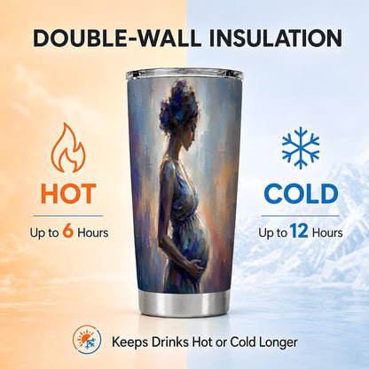 Mother Figure Woman Painting Design Tumbler 20 oz, Maternity Travel Cup, Coffee Tea and Iced Drinks, Blue Gold Portrait Art with Soft Brush Texture, Motherhood Drinkware, Moms Parents