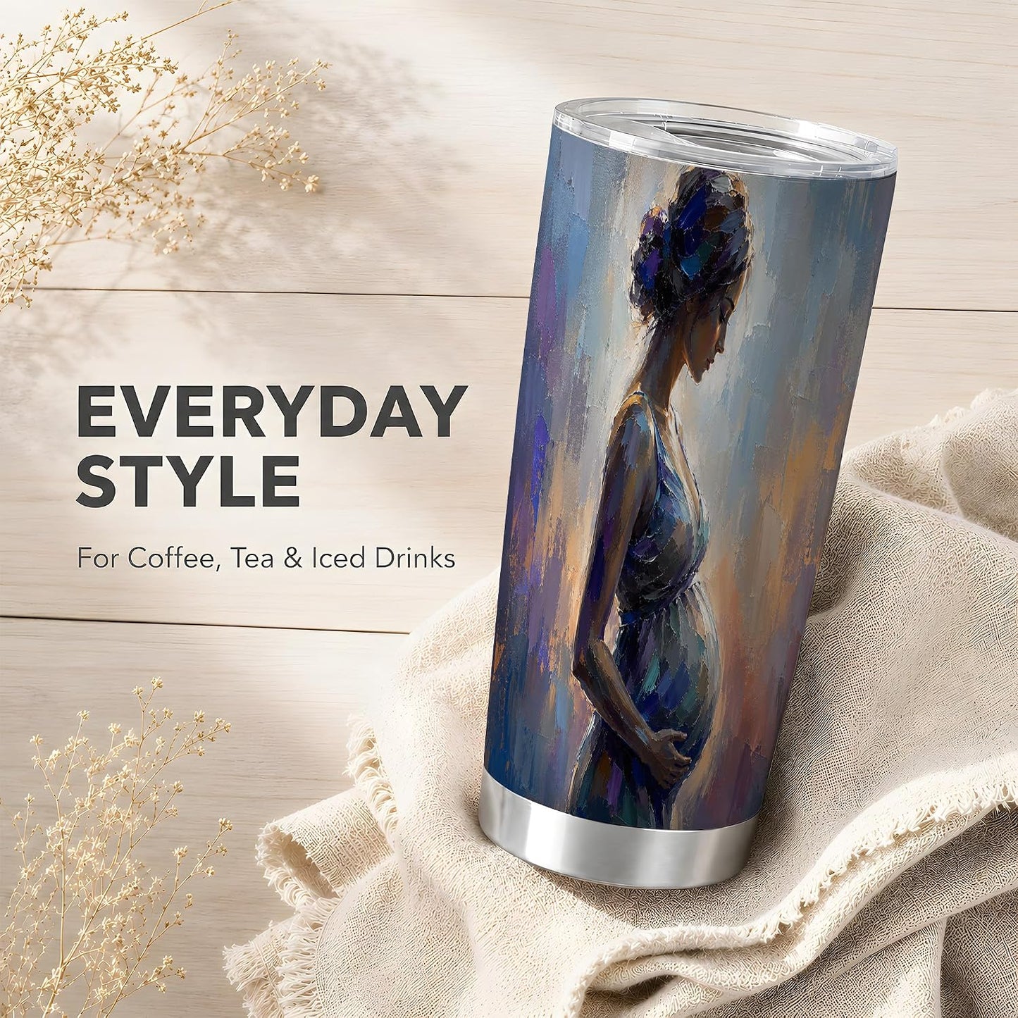 Mother Figure Woman Painting Design Tumbler 20 oz, Maternity Travel Cup, Coffee Tea and Iced Drinks, Blue Gold Portrait Art with Soft Brush Texture, Motherhood Drinkware, Moms Parents