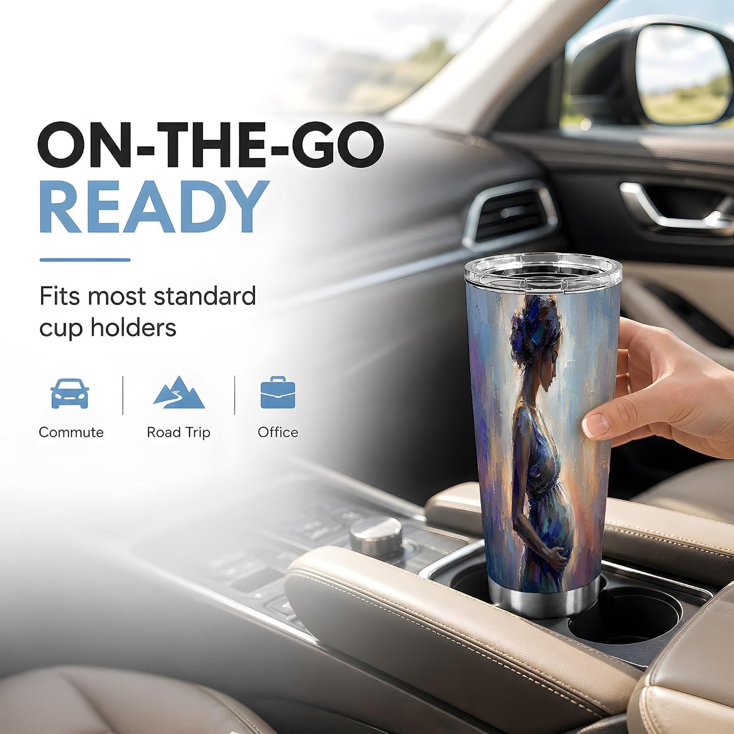 Mother Figure Woman Painting Design Tumbler 20 oz, Maternity Travel Cup, Coffee Tea and Iced Drinks, Blue Gold Portrait Art with Soft Brush Texture, Motherhood Drinkware, Moms Parents