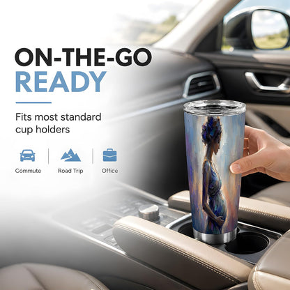 Mother Figure Woman Painting Design Tumbler 20 oz, Maternity Travel Cup, Coffee Tea and Iced Drinks, Blue Gold Portrait Art with Soft Brush Texture, Motherhood Drinkware, Moms Parents
