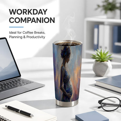 Mother Figure Woman Painting Design Tumbler 20 oz, Maternity Travel Cup, Coffee Tea and Iced Drinks, Blue Gold Portrait Art with Soft Brush Texture, Motherhood Drinkware, Moms Parents