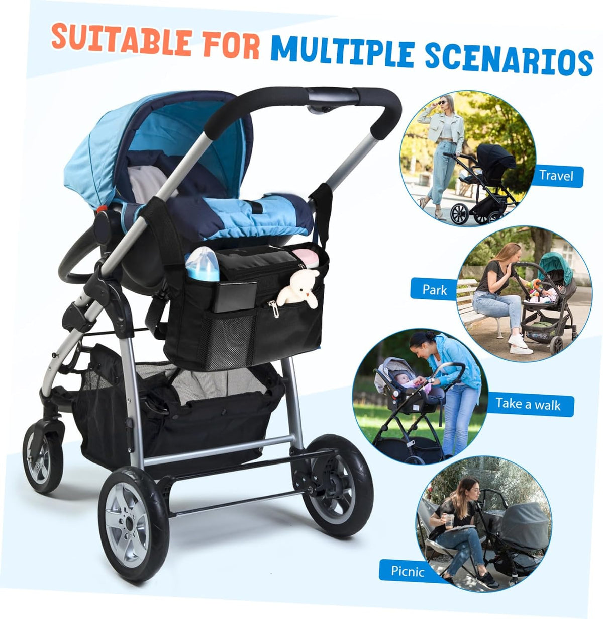 Universal Stroller Organizer Insulated Cup Holder Detachable Phone Bag for Baby Strollers Walkers and Scooters